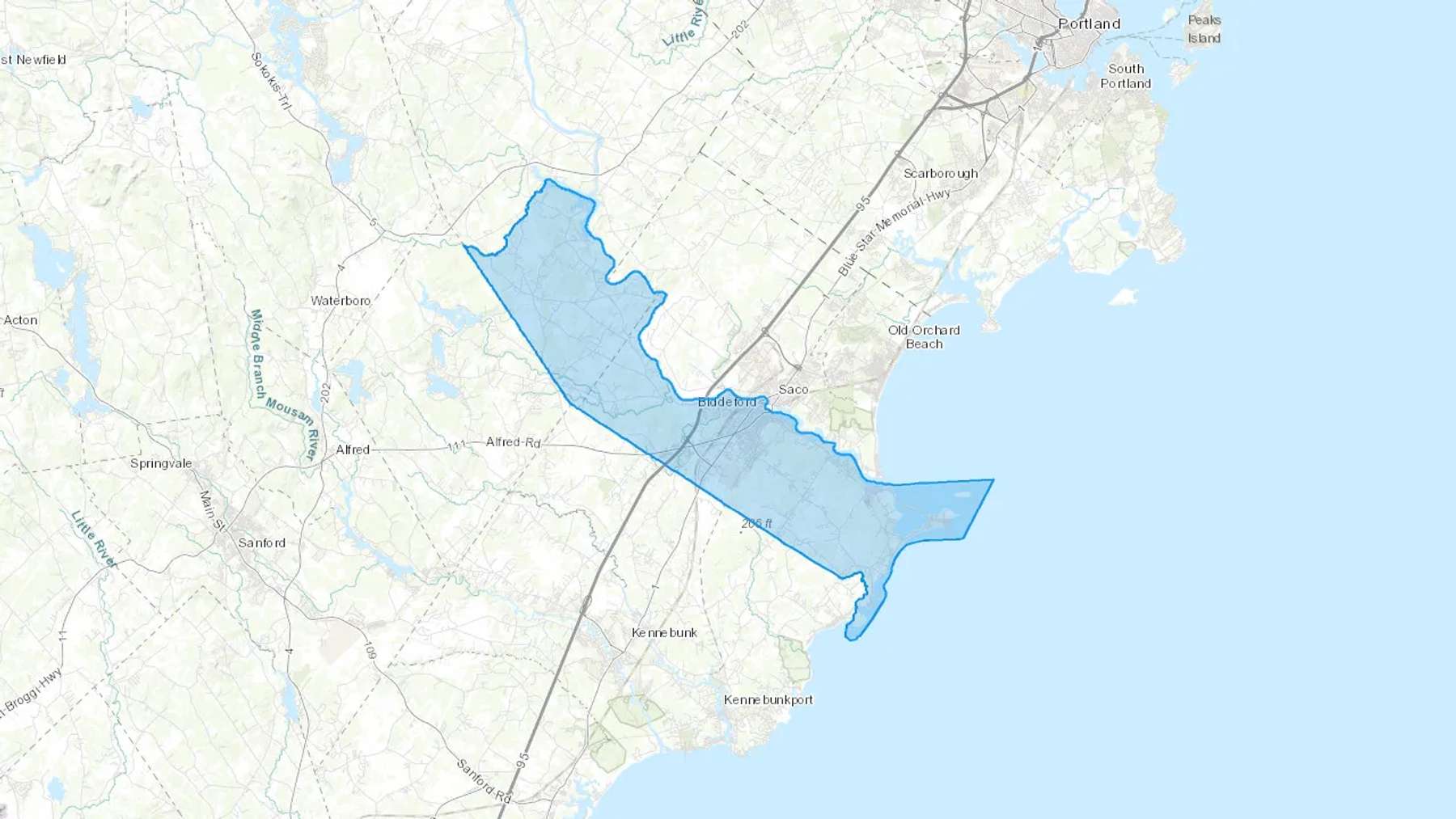 Biddeford, ME Cash heating Oil delivery map Map of the COD Fuel Oil delivery service area for Biddeford, ME