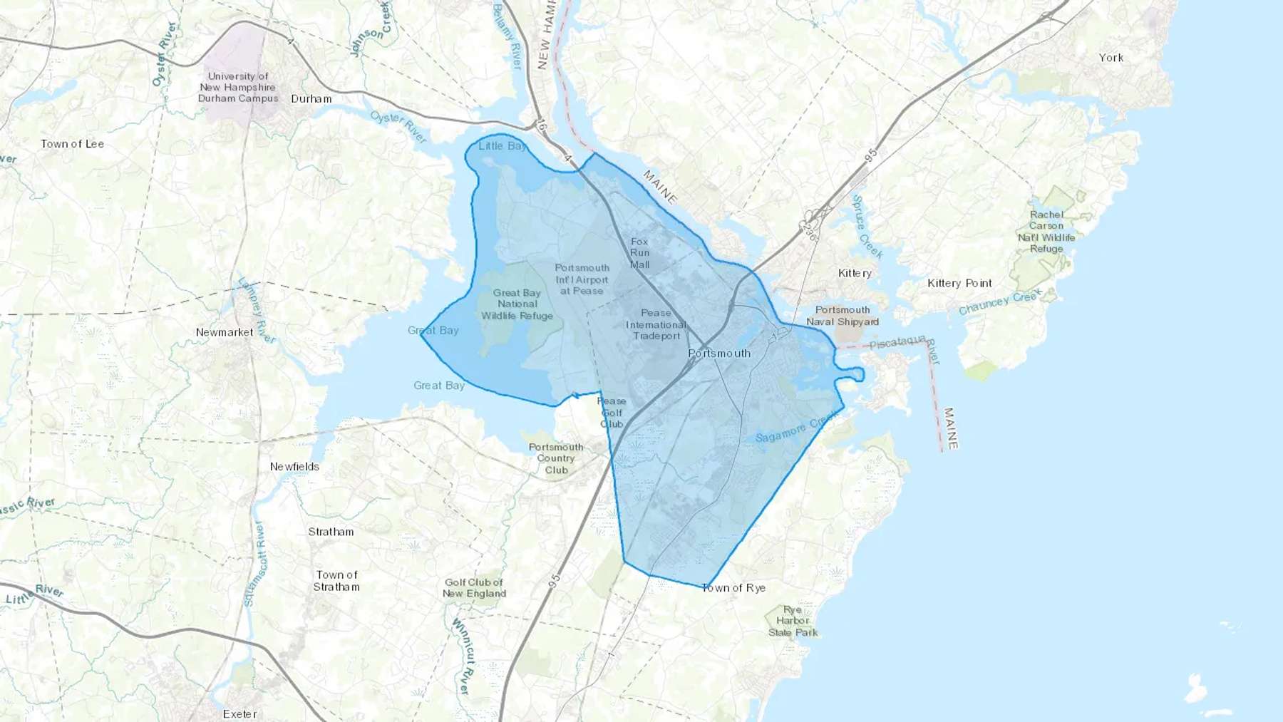 Portsmouth, NH Cash heating Oil delivery map Map of the COD Fuel Oil delivery service area for Portsmouth, NH