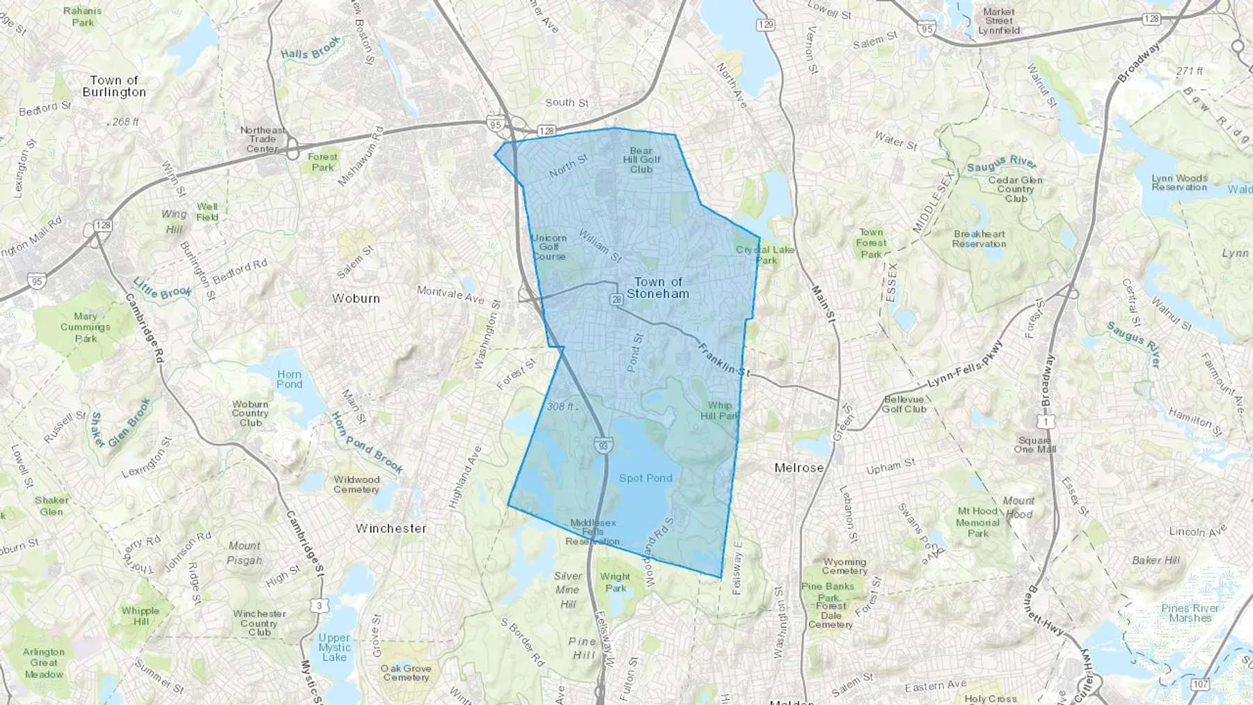 Stoneham, MA Cash heating Oil delivery map Map of the COD Fuel Oil delivery service area for Stoneham, MA