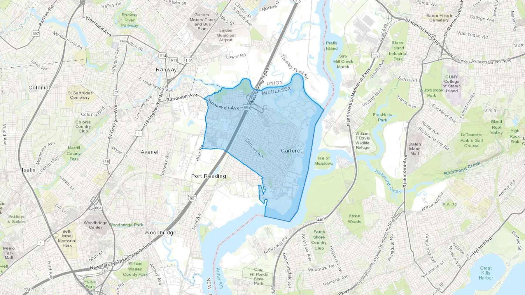 Carteret, NJ Cash heating Oil delivery map Map of the COD Fuel Oil delivery service area for Carteret, NJ