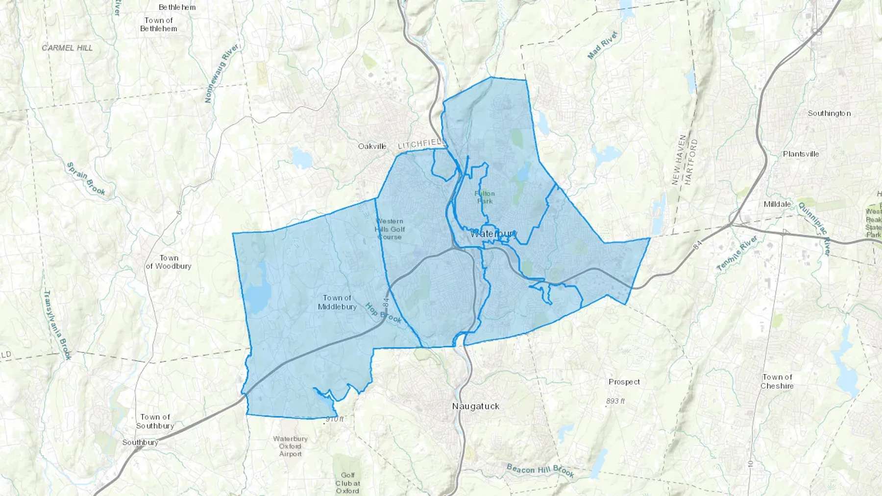 Waterbury, CT Cash heating Oil delivery map Map of the COD Fuel Oil delivery service area for Waterbury, CT