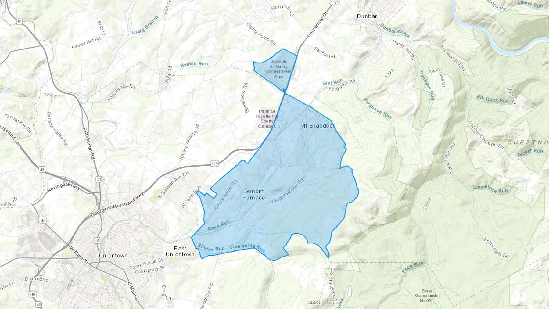 Lemont Furnace, PA Cash heating Oil delivery map Map of the COD Fuel Oil delivery service area for Lemont Furnace, PA