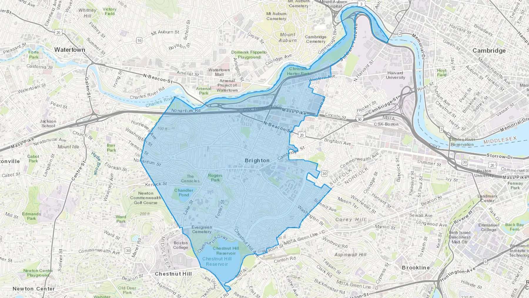 Brighton, MA Cash heating Oil delivery map Map of the COD Fuel Oil delivery service area for Brighton, MA