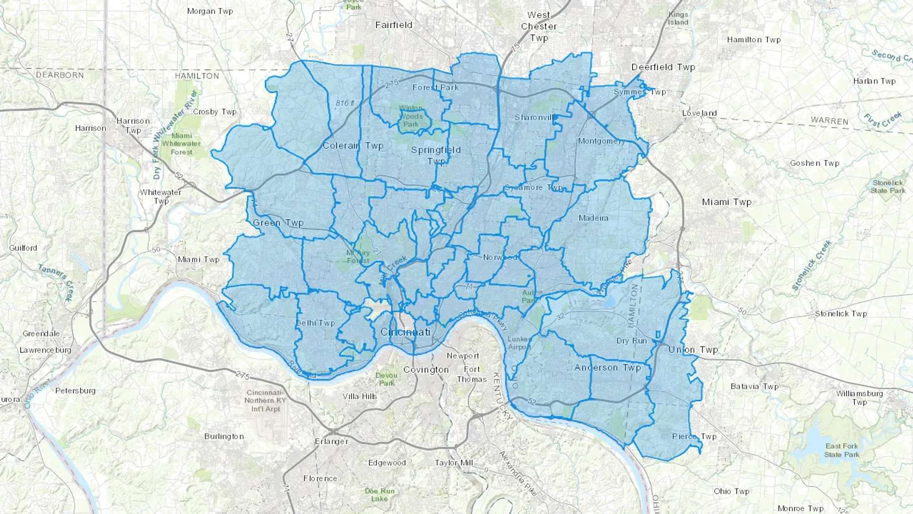 Cincinnati, OH Cash heating Oil delivery map Map of the COD Fuel Oil delivery service area for Cincinnati, OH