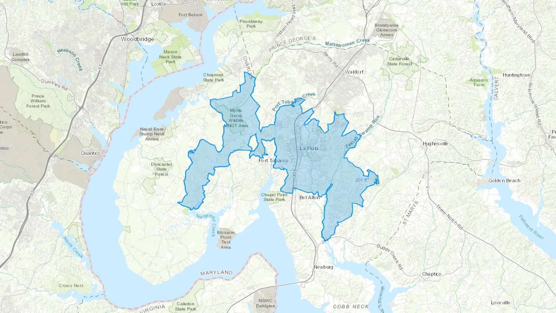 La Plata, MD Cash heating Oil delivery map Map of the COD Fuel Oil delivery service area for La Plata, MD