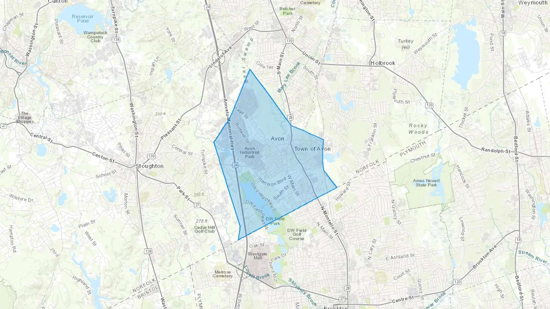 Avon, MA Cash heating Oil delivery map Map of the COD Fuel Oil delivery service area for Avon, MA