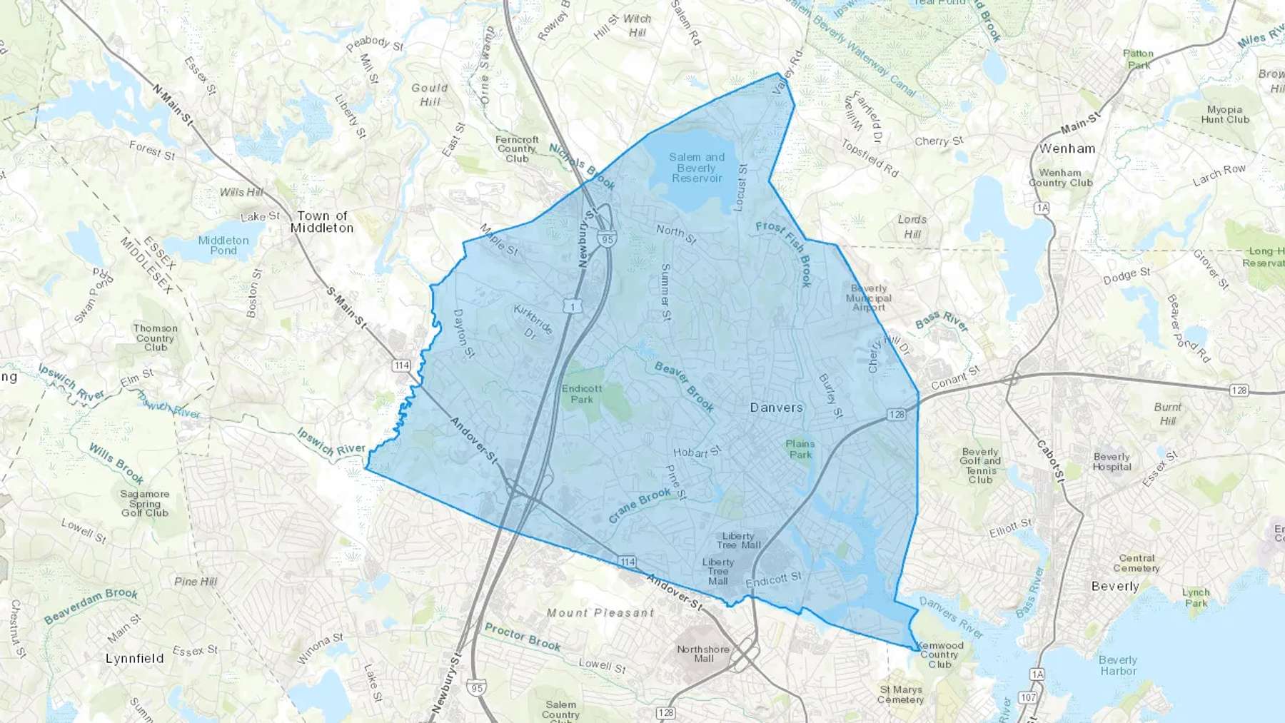 Danvers, MA Cash heating Oil delivery map Map of the COD Fuel Oil delivery service area for Danvers, MA