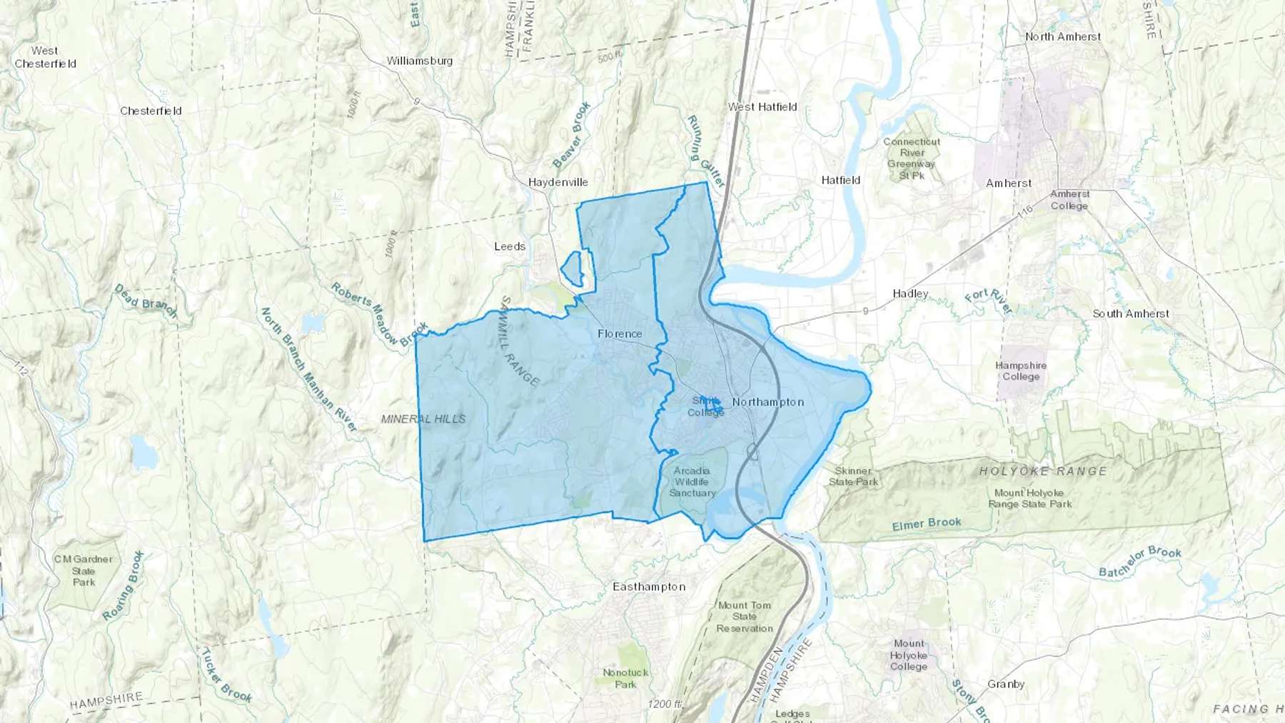 Northampton, MA Cash heating Oil delivery map Map of the COD Fuel Oil delivery service area for Northampton, MA