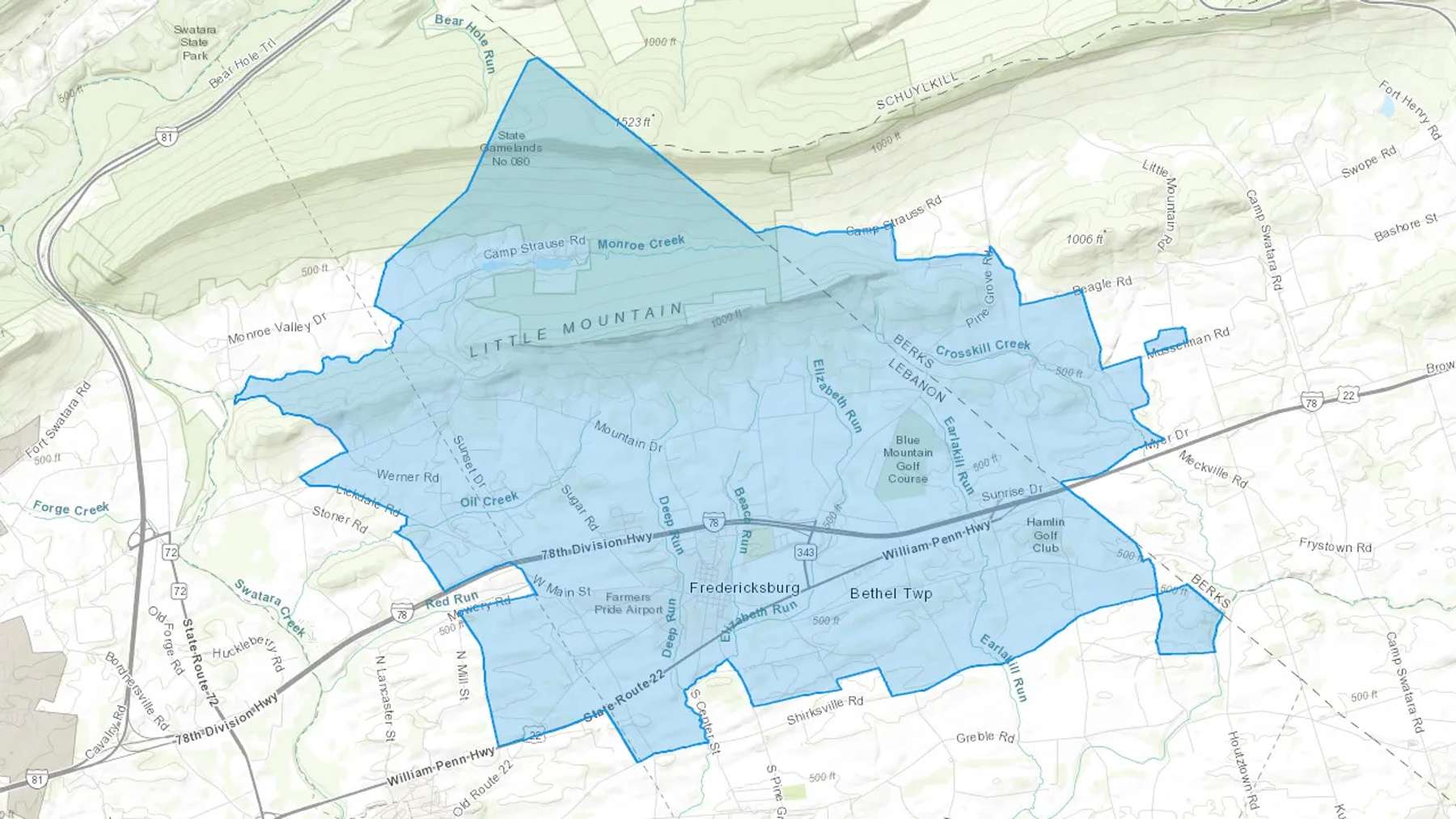 Fredericksburg, PA Cash heating Oil delivery map Map of the COD Fuel Oil delivery service area for Fredericksburg, PA