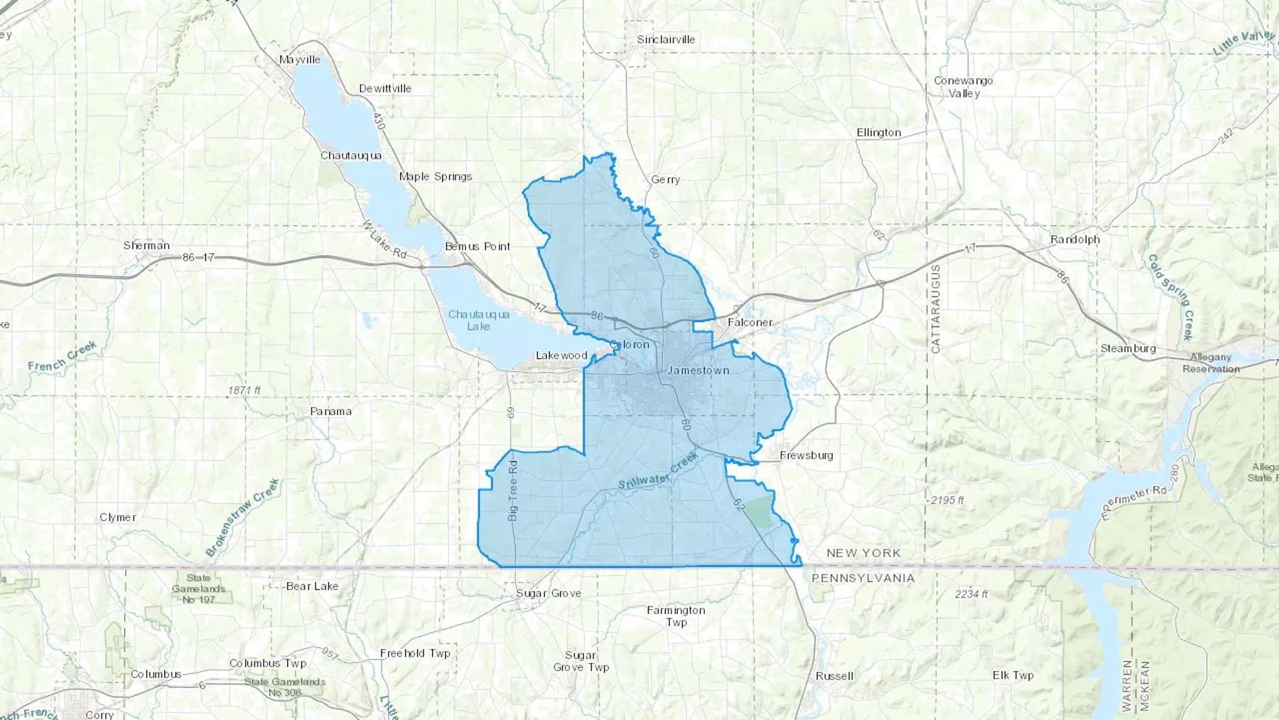 Jamestown, NY Cash heating Oil delivery map Map of the COD Fuel Oil delivery service area for Jamestown, NY
