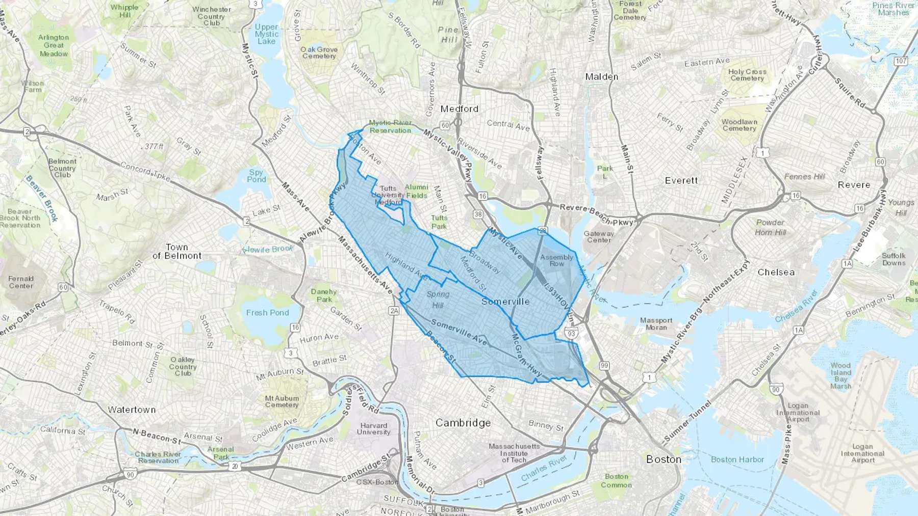 Somerville, MA Cash heating Oil delivery map Map of the COD Fuel Oil delivery service area for Somerville, MA