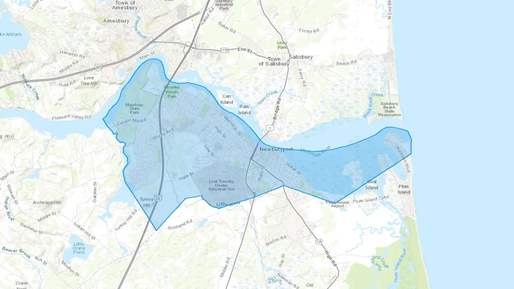 Newburyport, MA Cash heating Oil delivery map Map of the COD Fuel Oil delivery service area for Newburyport, MA