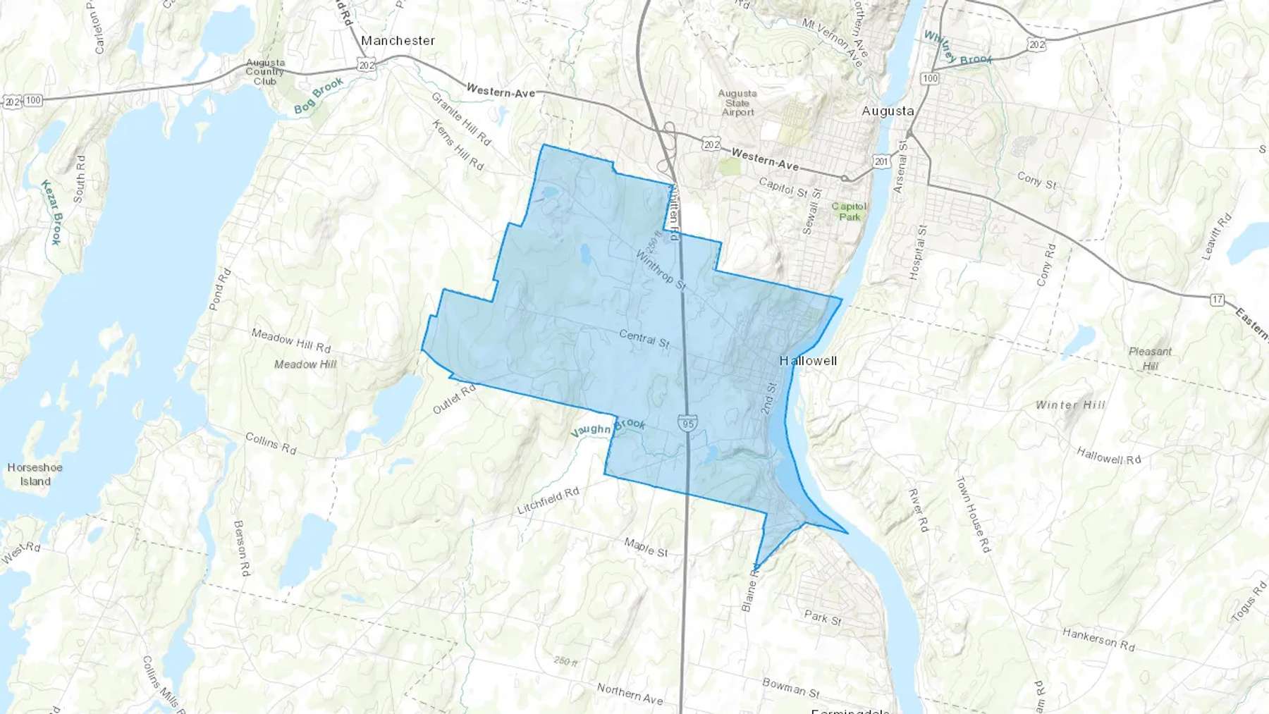 Hallowell, ME Cash heating Oil delivery map Map of the COD Fuel Oil delivery service area for Hallowell, ME