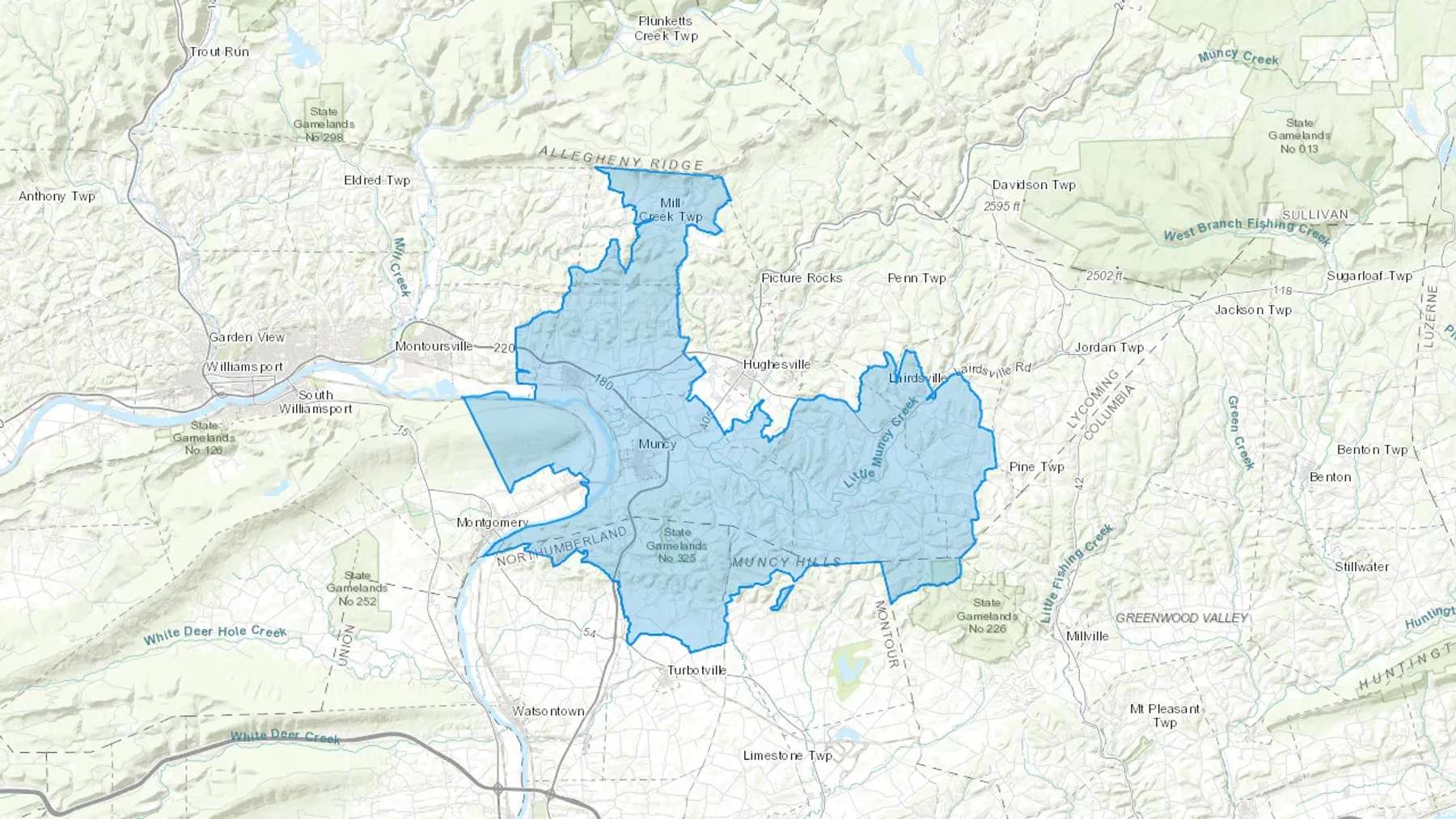 Muncy, PA Cash heating Oil delivery map Map of the COD Fuel Oil delivery service area for Muncy, PA
