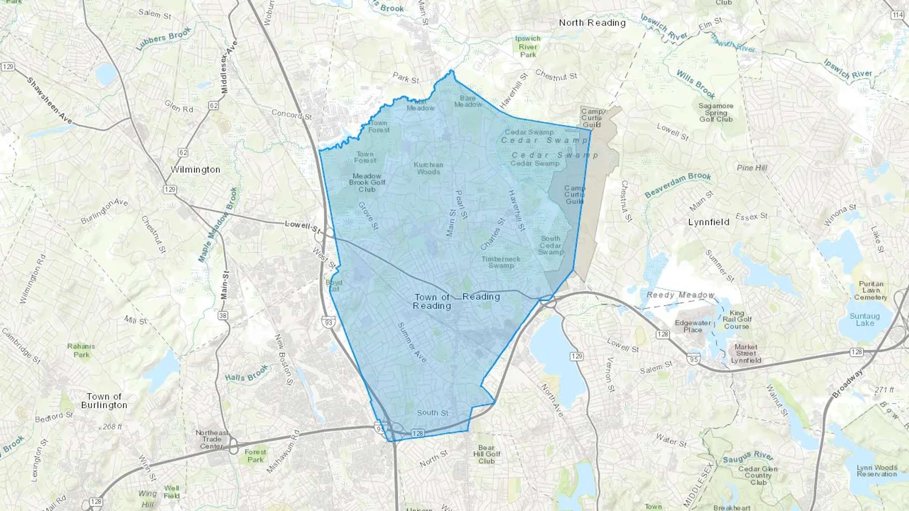 Reading, MA Cash heating Oil delivery map Map of the COD Fuel Oil delivery service area for Reading, MA