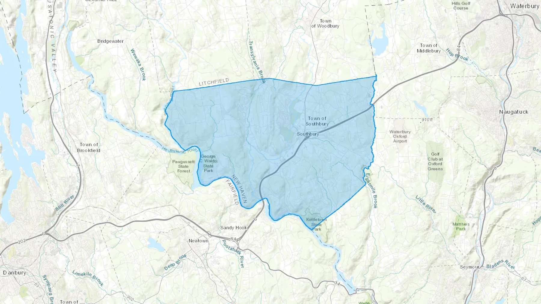 Southbury, CT Cash heating Oil delivery map Map of the COD Fuel Oil delivery service area for Southbury, CT