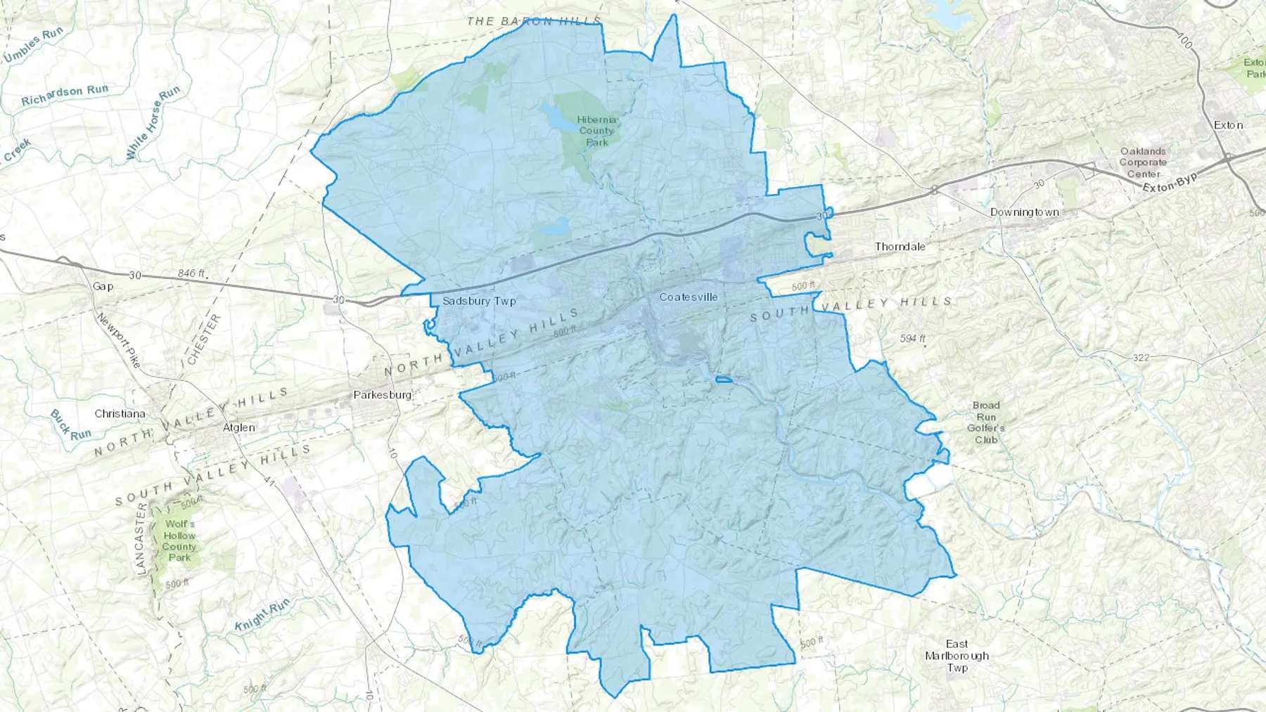 Coatesville, PA Cash heating Oil delivery map Map of the COD Fuel Oil delivery service area for Coatesville, PA