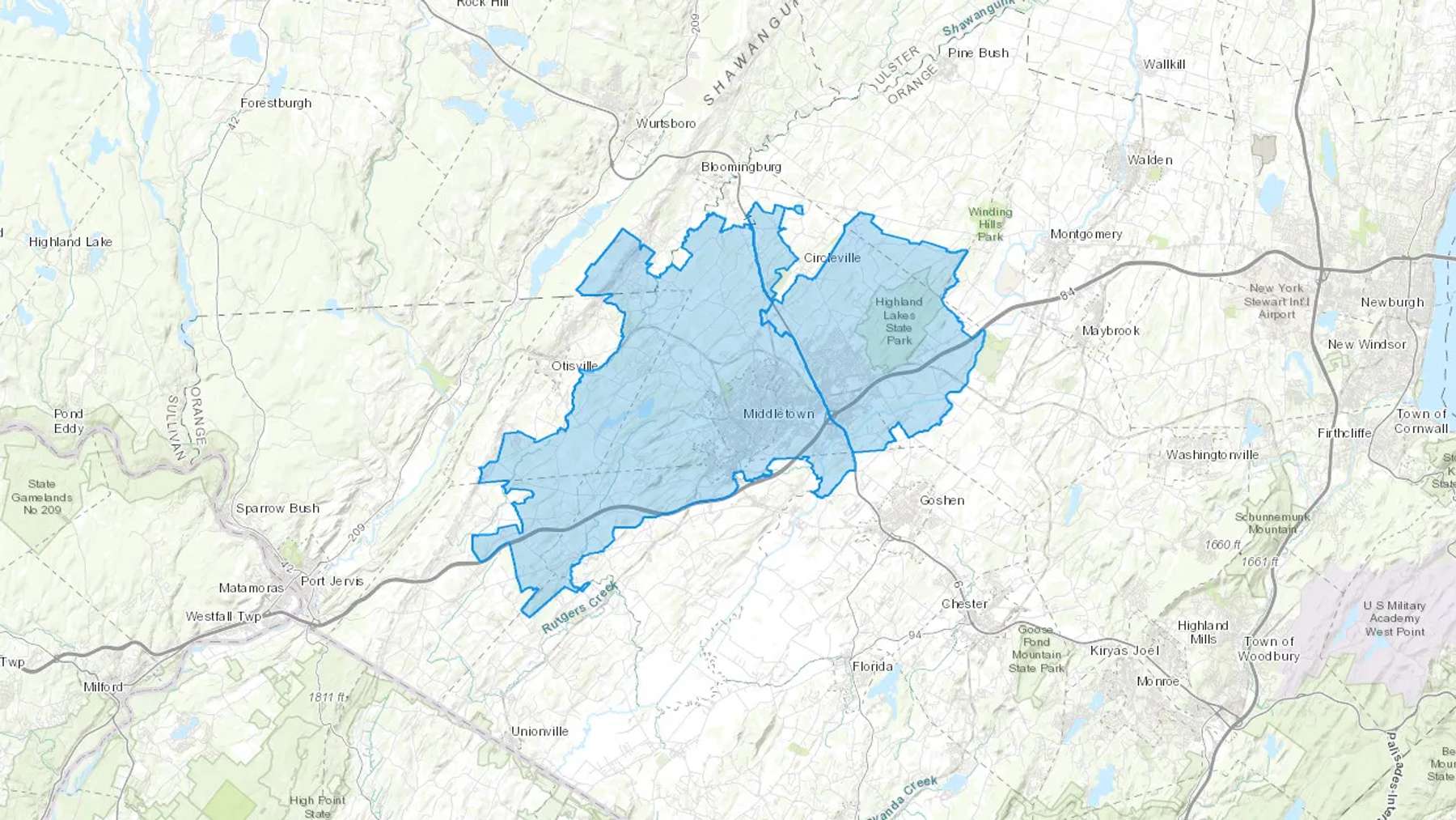 Middletown, NY Cash heating Oil delivery map Map of the COD Fuel Oil delivery service area for Middletown, NY