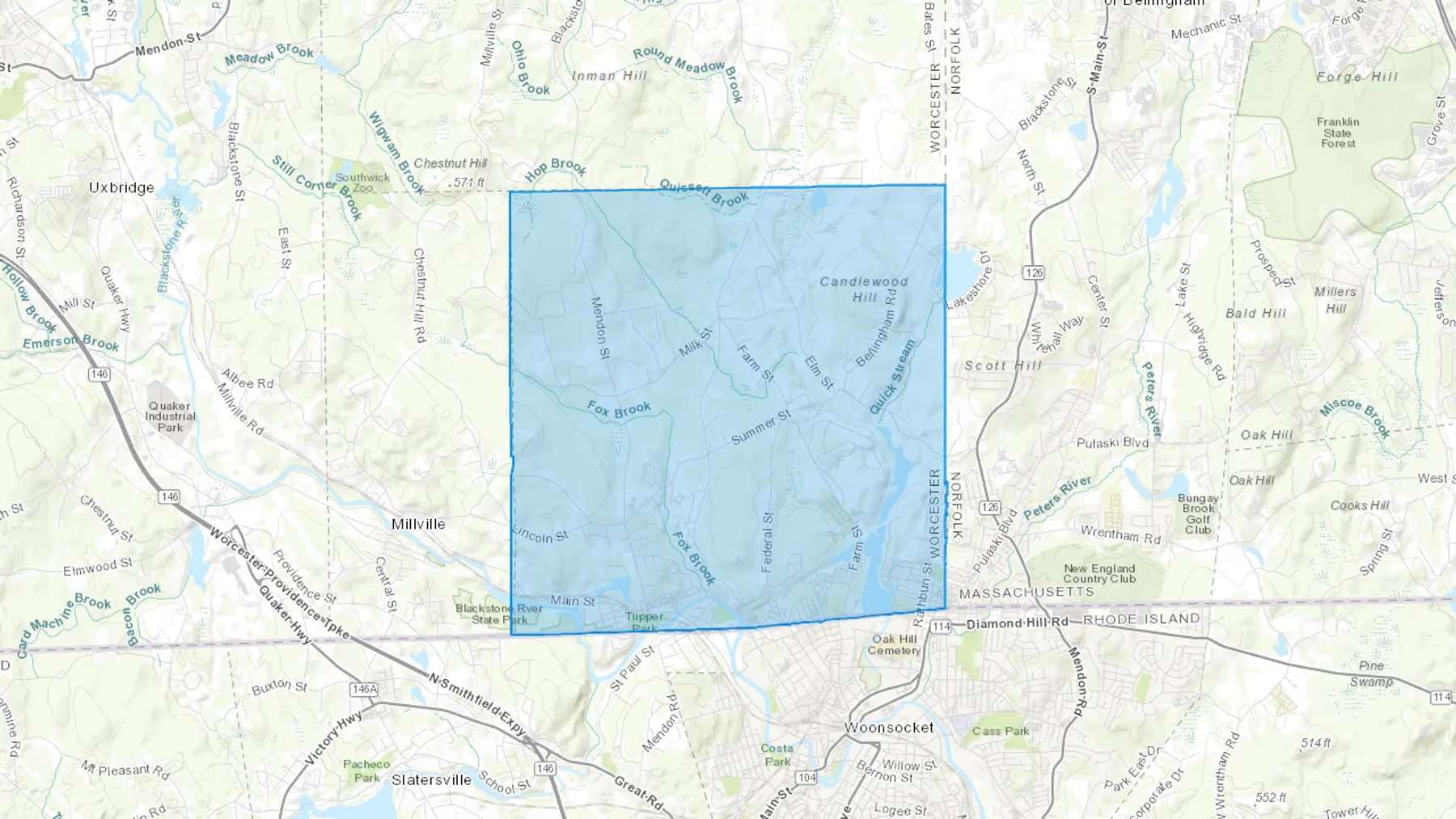 Blackstone, MA Cash heating Oil delivery map Map of the COD Fuel Oil delivery service area for Blackstone, MA
