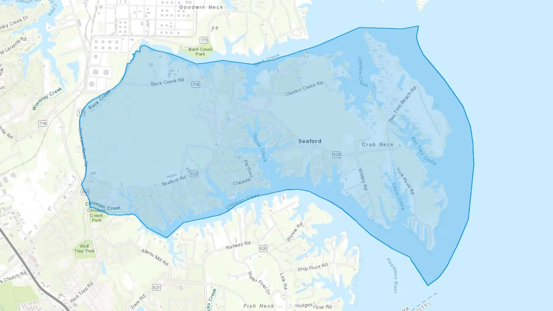 Seaford, VA Cash heating Oil delivery map Map of the COD Fuel Oil delivery service area for Seaford, VA