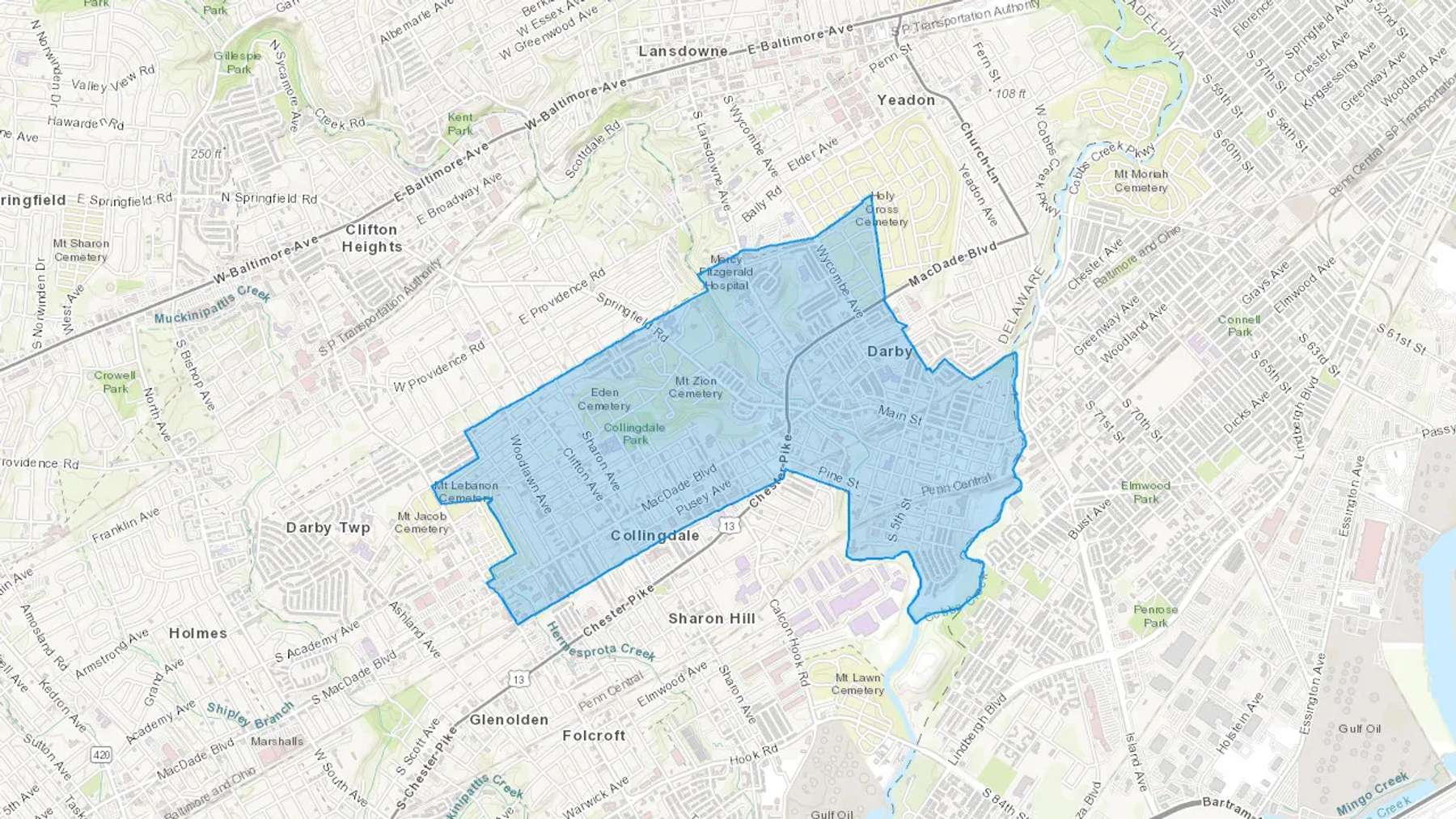 Darby, PA Cash heating Oil delivery map Map of the COD Fuel Oil delivery service area for Darby, PA