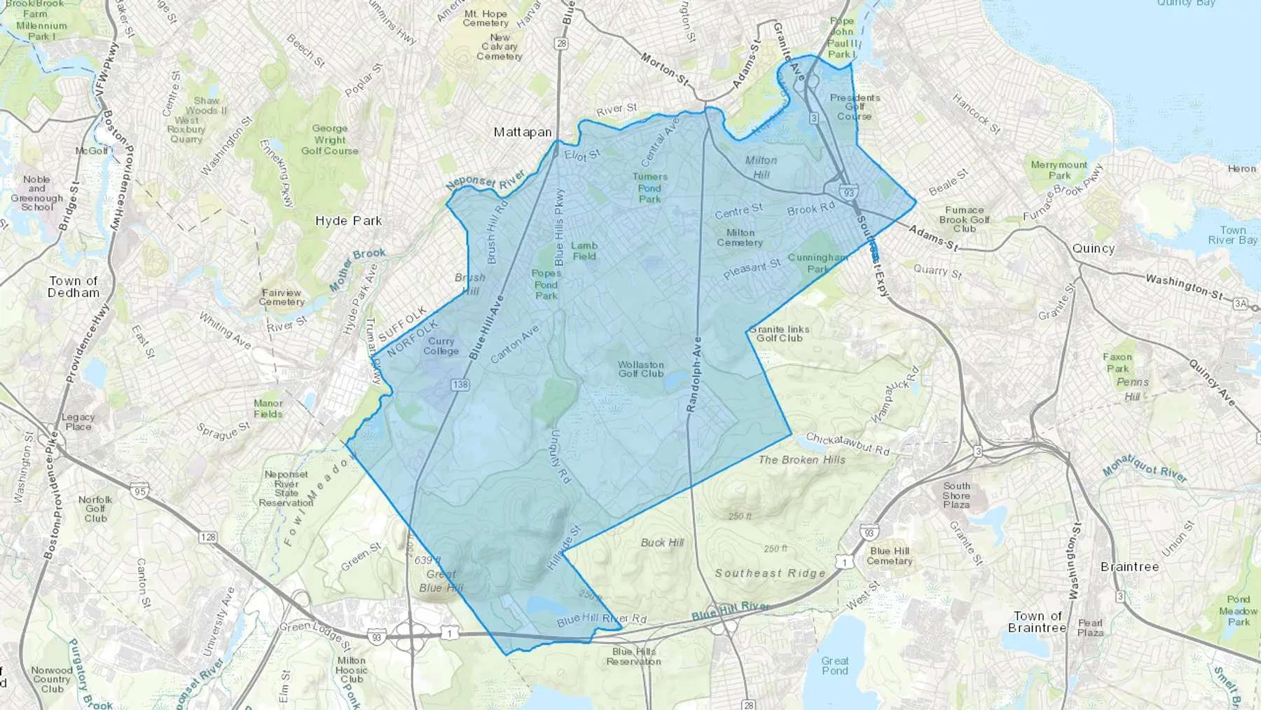 Milton, MA Cash heating Oil delivery map Map of the COD Fuel Oil delivery service area for Milton, MA