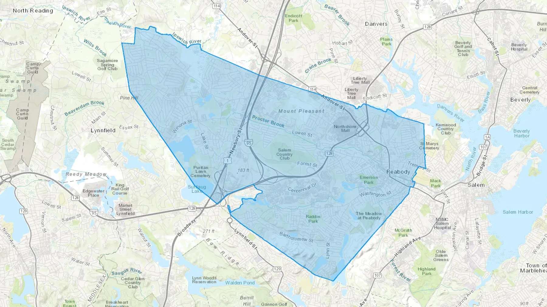 Peabody, MA Cash heating Oil delivery map Map of the COD Fuel Oil delivery service area for Peabody, MA