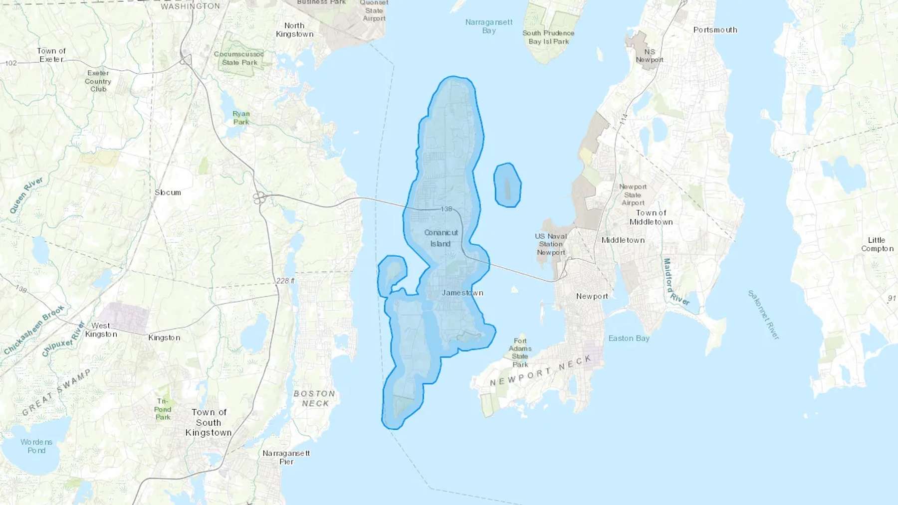 Jamestown, RI Cash heating Oil delivery map Map of the COD Fuel Oil delivery service area for Jamestown, RI
