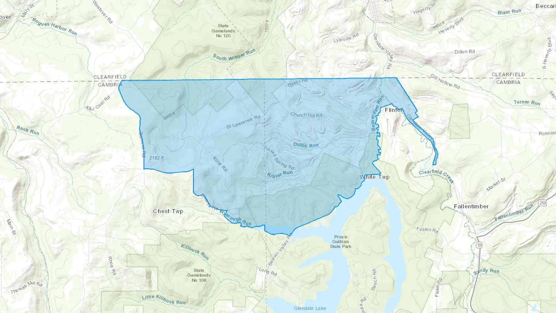 Flinton, PA Cash heating Oil delivery map Map of the COD Fuel Oil delivery service area for Flinton, PA