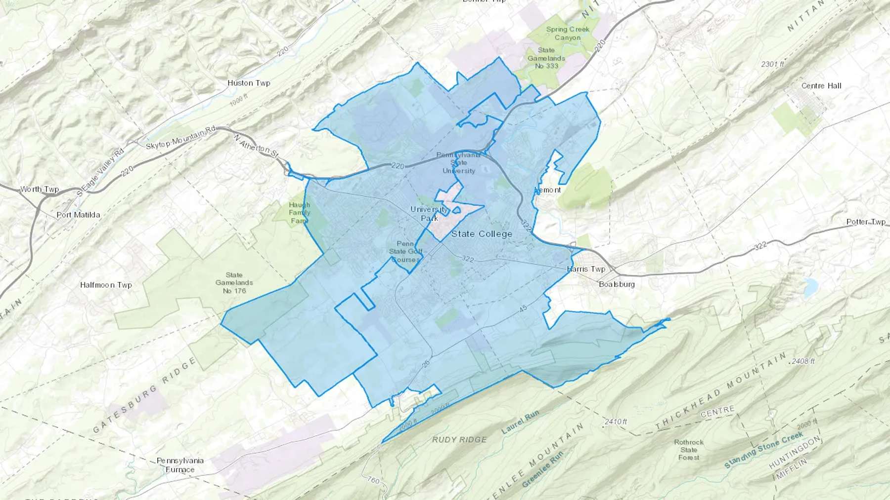 State College, PA Cash heating Oil delivery map Map of the COD Fuel Oil delivery service area for State College, PA