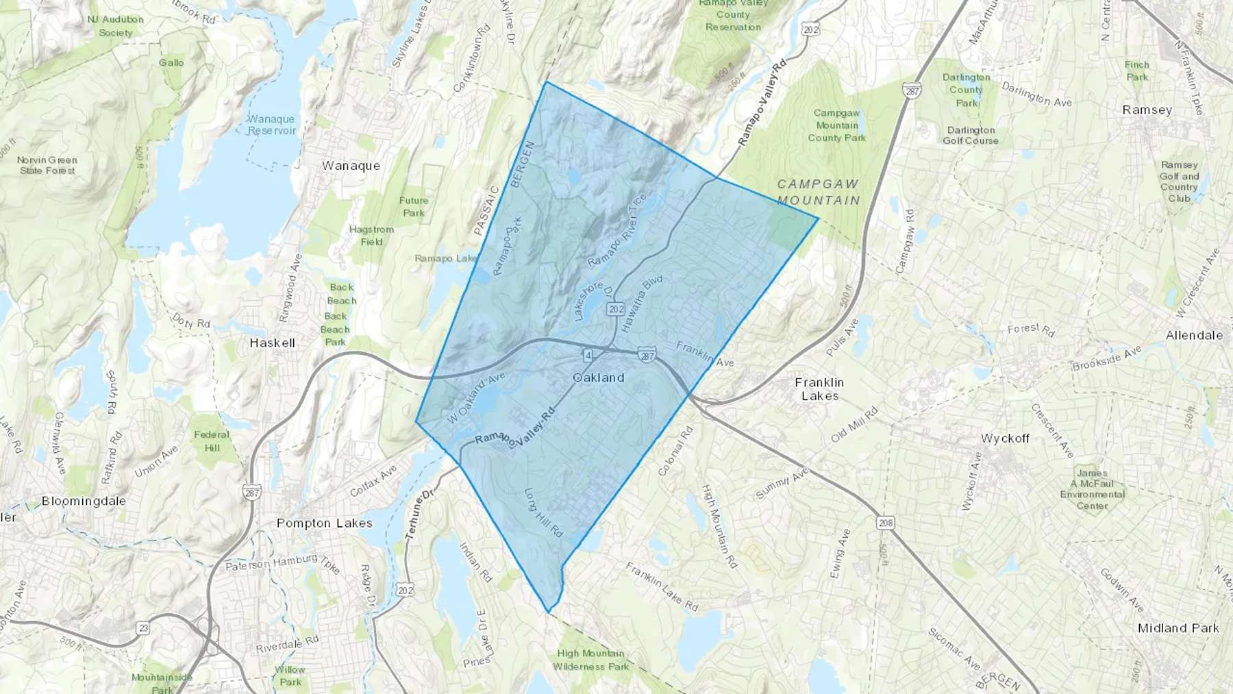 Oakland, NJ Cash heating Oil delivery map Map of the COD Fuel Oil delivery service area for Oakland, NJ