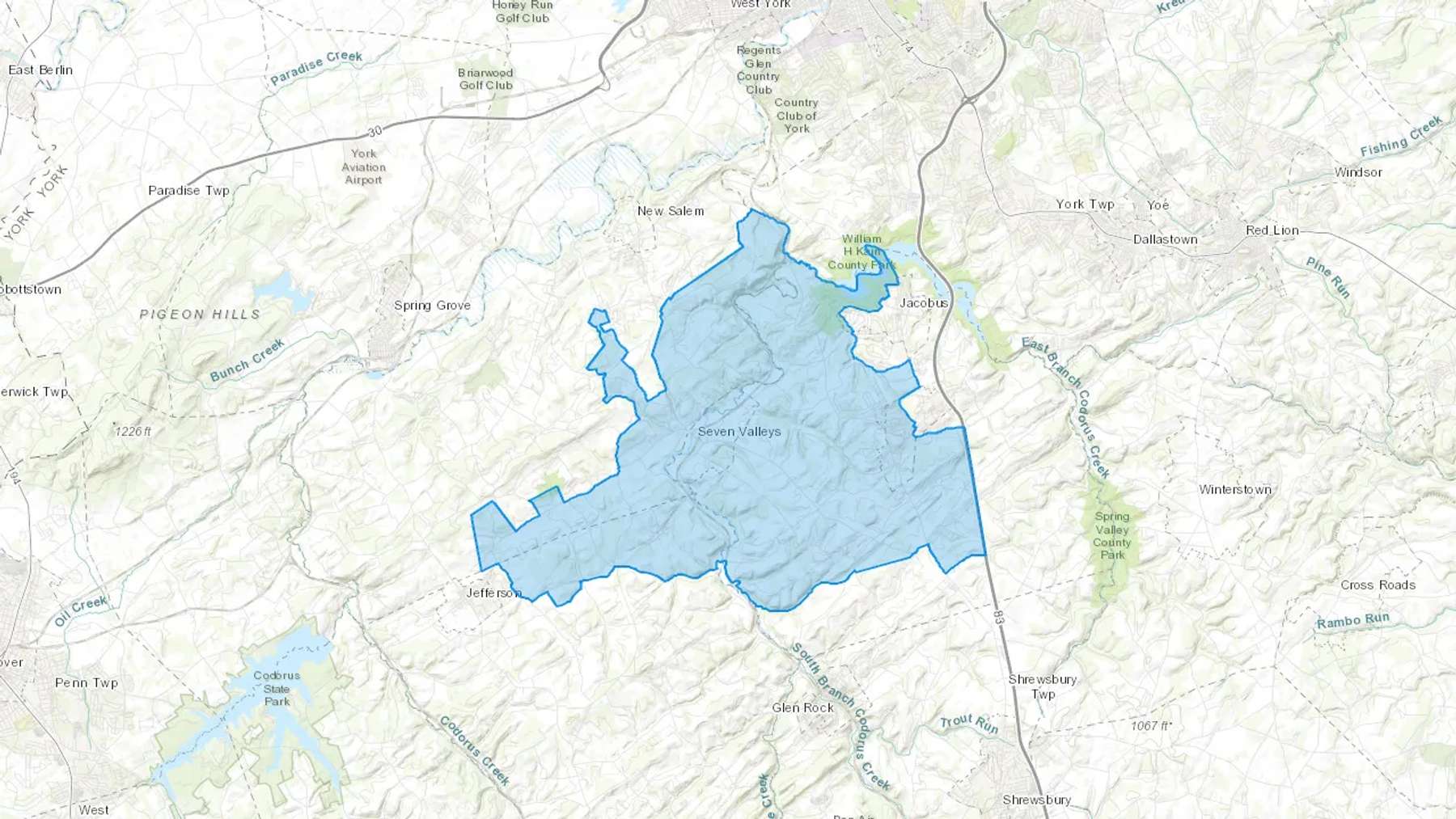 Seven Valleys, PA Cash heating Oil delivery map Map of the COD Fuel Oil delivery service area for Seven Valleys, PA
