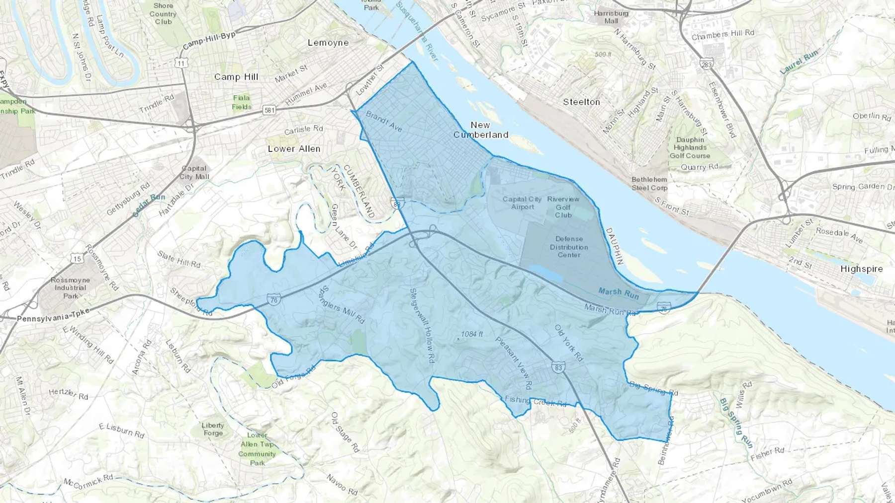 New Cumberland, PA Cash heating Oil delivery map Map of the COD Fuel Oil delivery service area for New Cumberland, PA