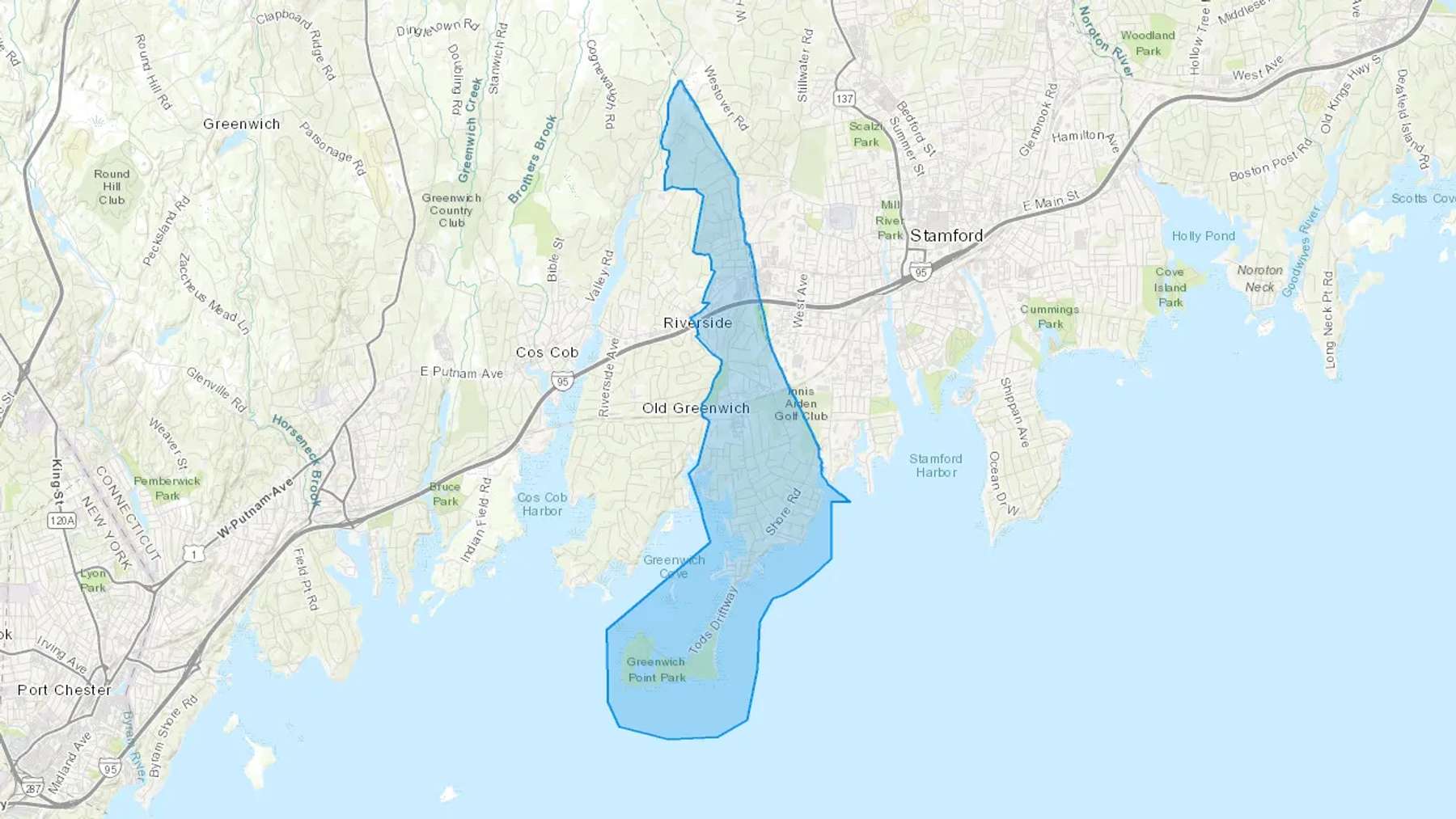 Old Greenwich, CT Cash heating Oil delivery map Map of the COD Fuel Oil delivery service area for Old Greenwich, CT