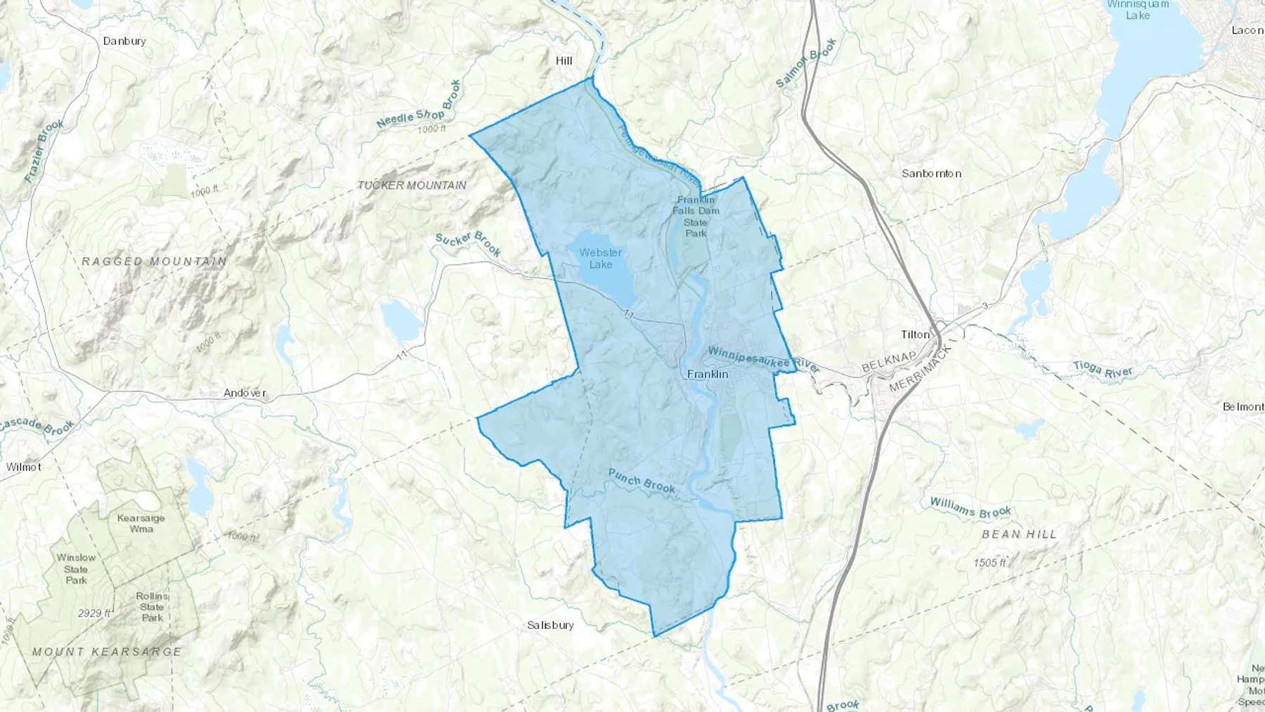 Franklin, NH Cash heating Oil delivery map Map of the COD Fuel Oil delivery service area for Franklin, NH