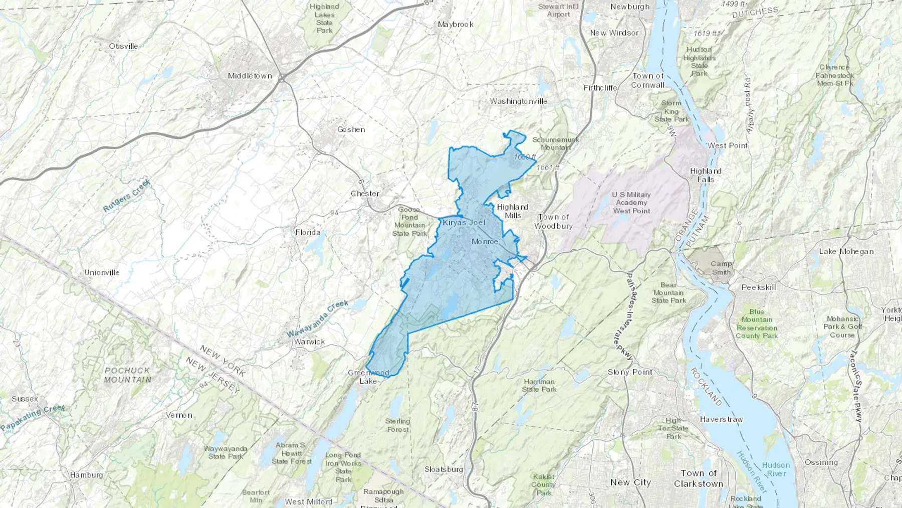 Monroe, NY Cash heating Oil delivery map Map of the COD Fuel Oil delivery service area for Monroe, NY