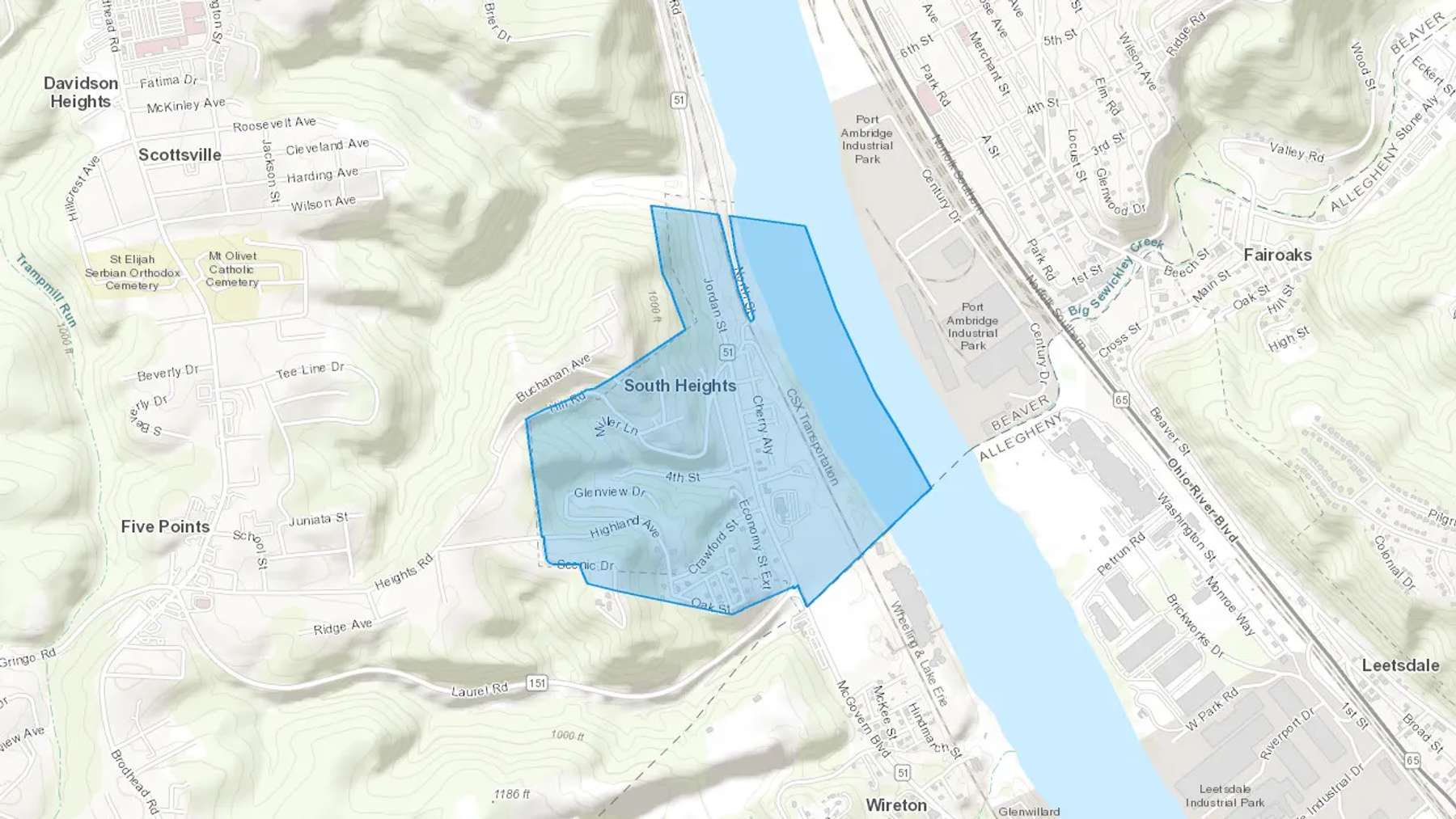 South Heights, PA Cash heating Oil delivery map Map of the COD Fuel Oil delivery service area for South Heights, PA