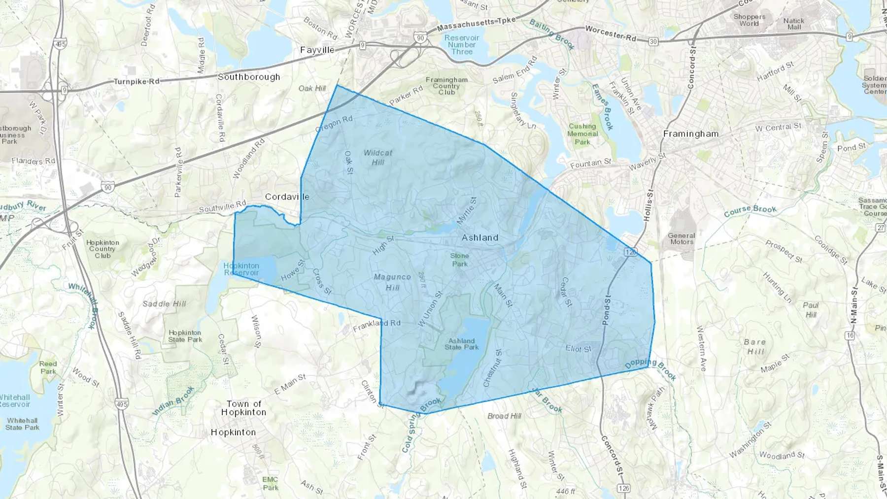Ashland, MA Cash heating Oil delivery map Map of the COD Fuel Oil delivery service area for Ashland, MA