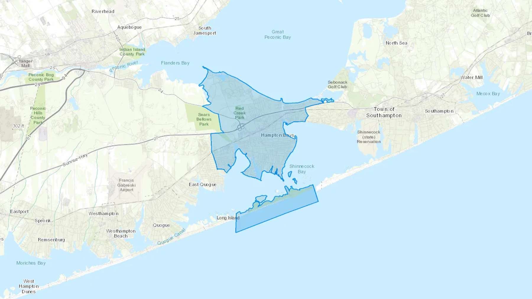 Hampton Bays, NY Cash heating Oil delivery map Map of the COD Fuel Oil delivery service area for Hampton Bays, NY