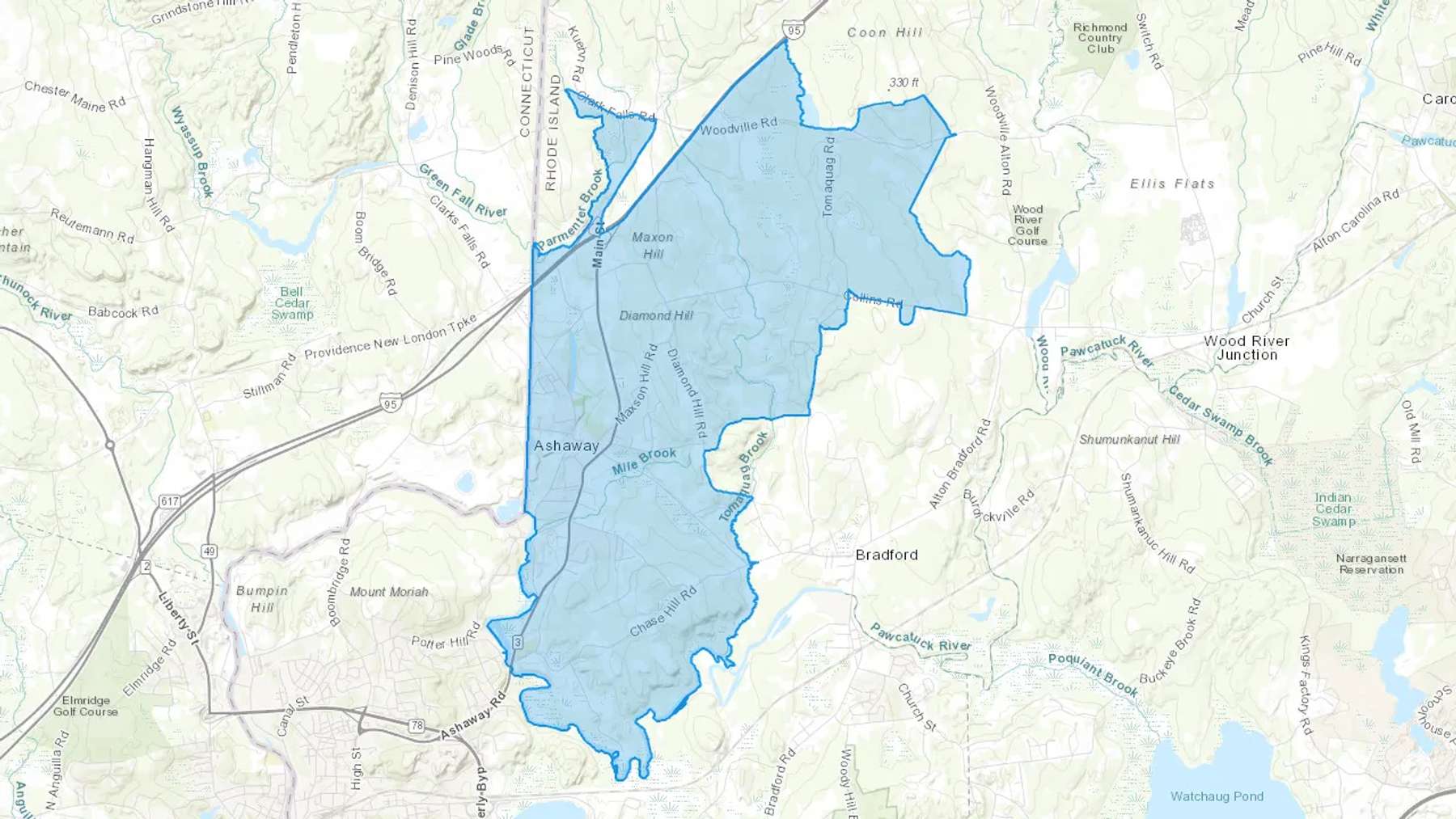 Ashaway, RI Cash heating Oil delivery map Map of the COD Fuel Oil delivery service area for Ashaway, RI