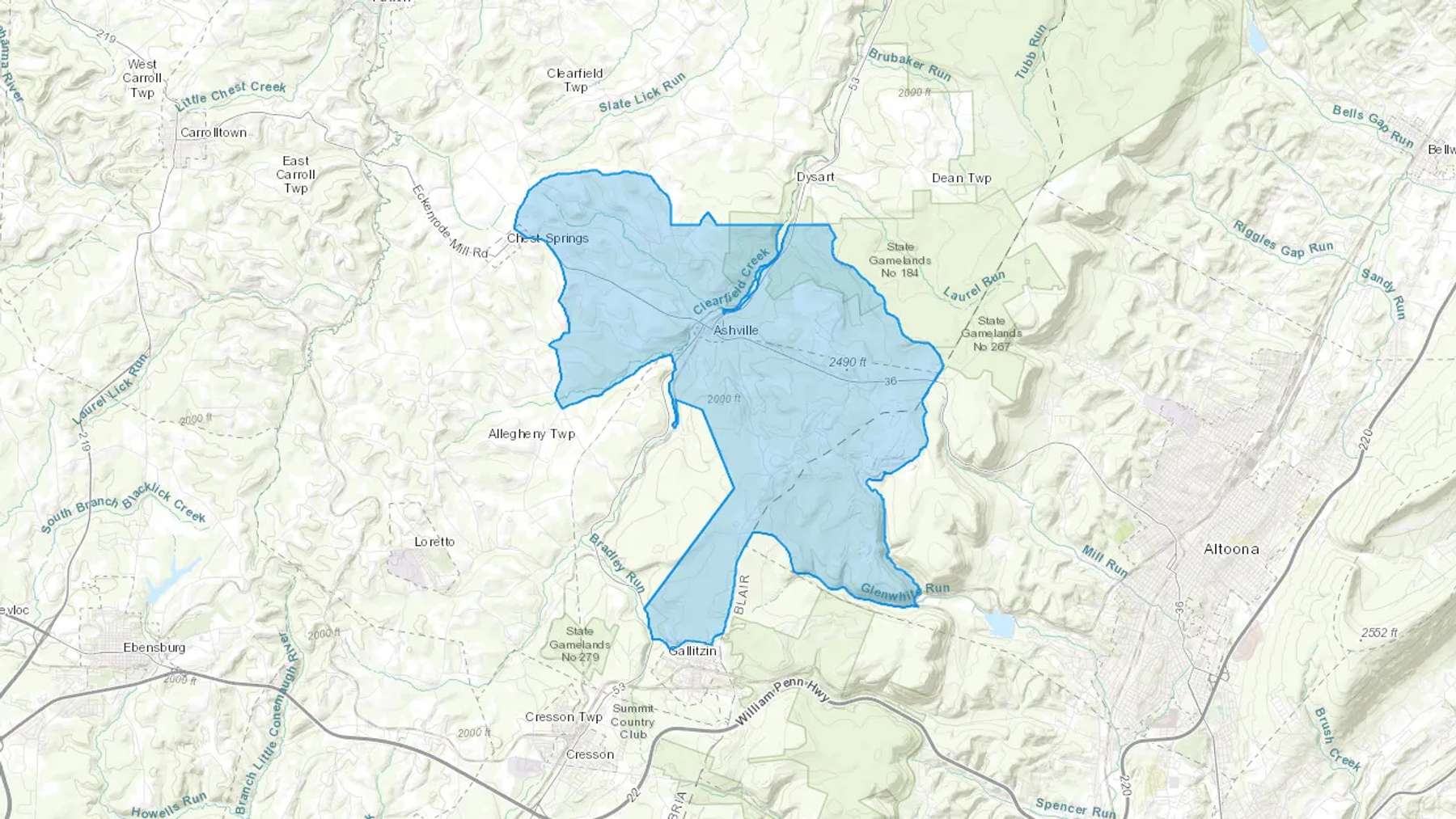 Ashville, PA Cash heating Oil delivery map Map of the COD Fuel Oil delivery service area for Ashville, PA