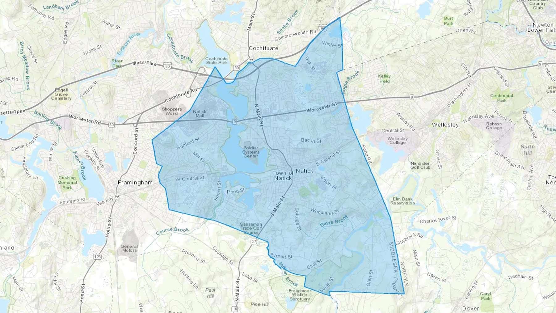 Natick, MA Cash heating Oil delivery map Map of the COD Fuel Oil delivery service area for Natick, MA