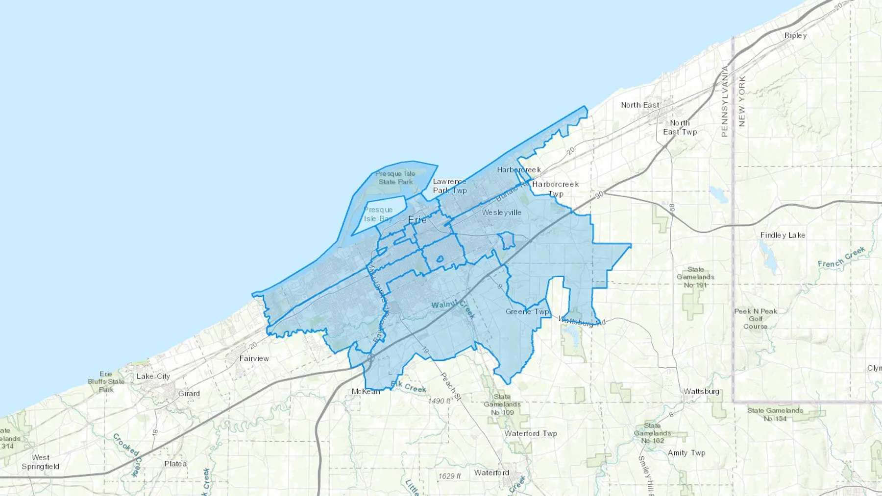Erie, PA Cash heating Oil delivery map Map of the COD Fuel Oil delivery service area for Erie, PA