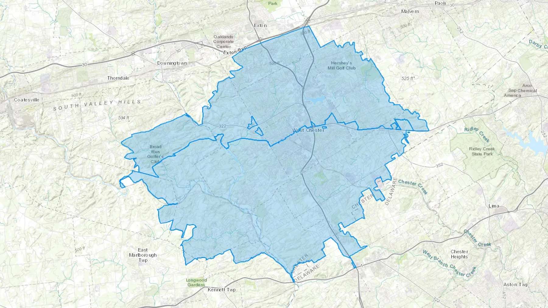 West Chester, PA Cash heating Oil delivery map Map of the COD Fuel Oil delivery service area for West Chester, PA