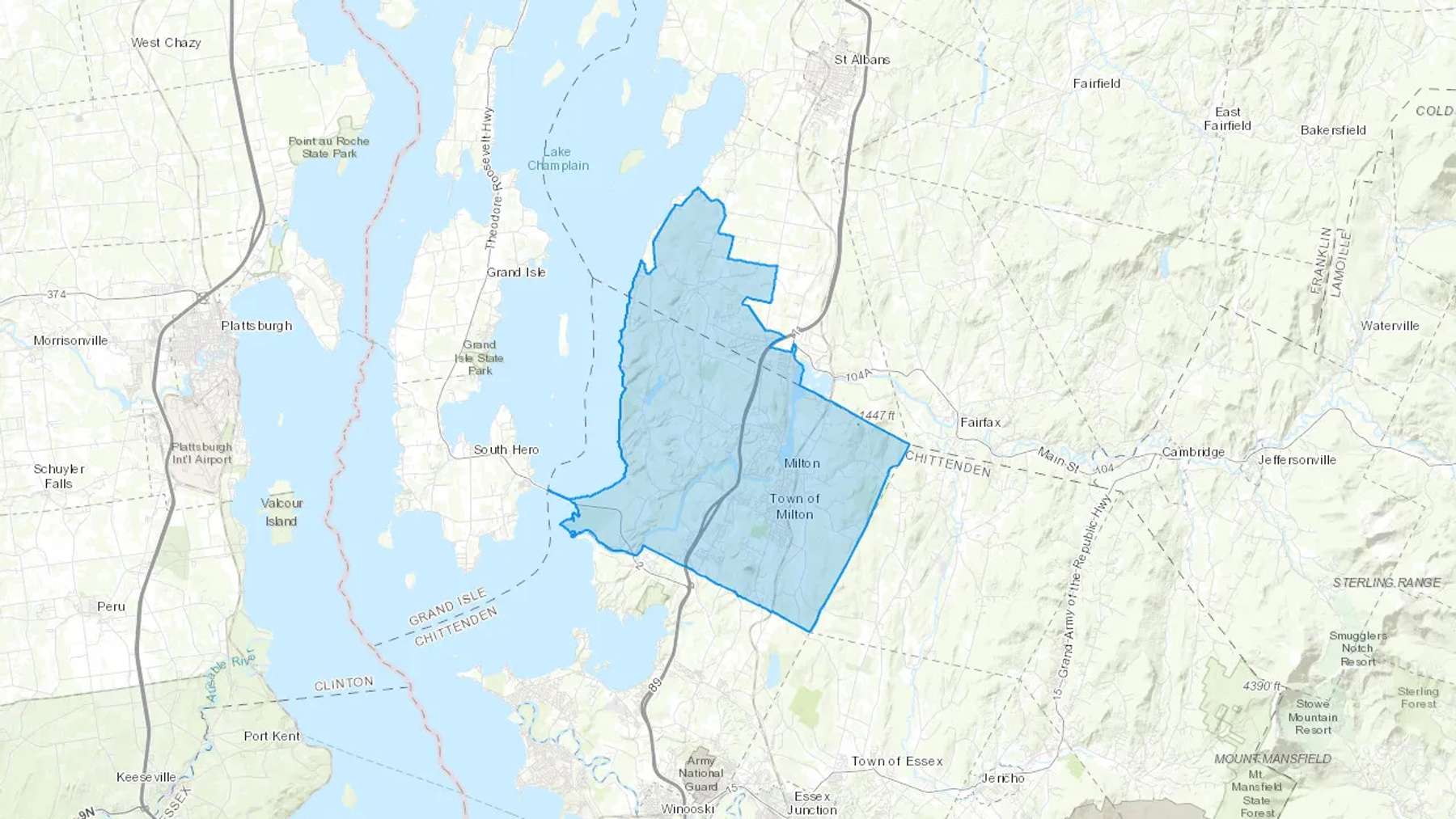 Milton, VT Cash heating Oil delivery map Map of the COD Fuel Oil delivery service area for Milton, VT