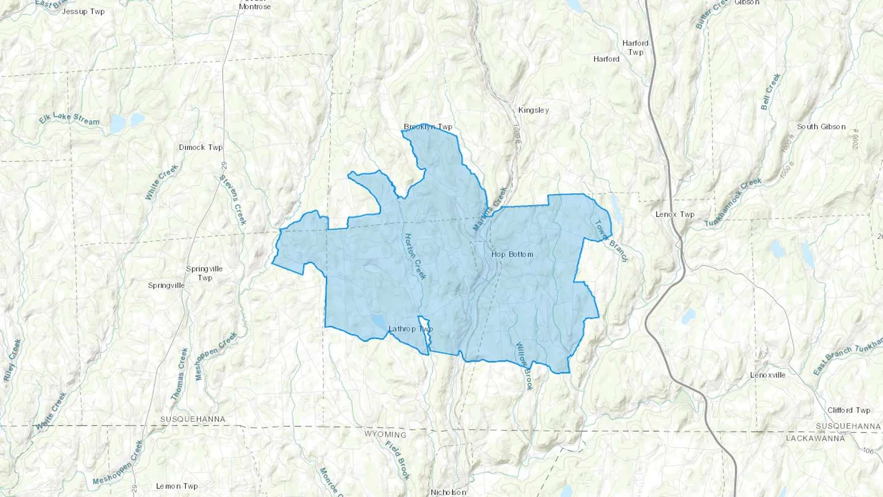 Hop Bottom, PA Cash heating Oil delivery map Map of the COD Fuel Oil delivery service area for Hop Bottom, PA