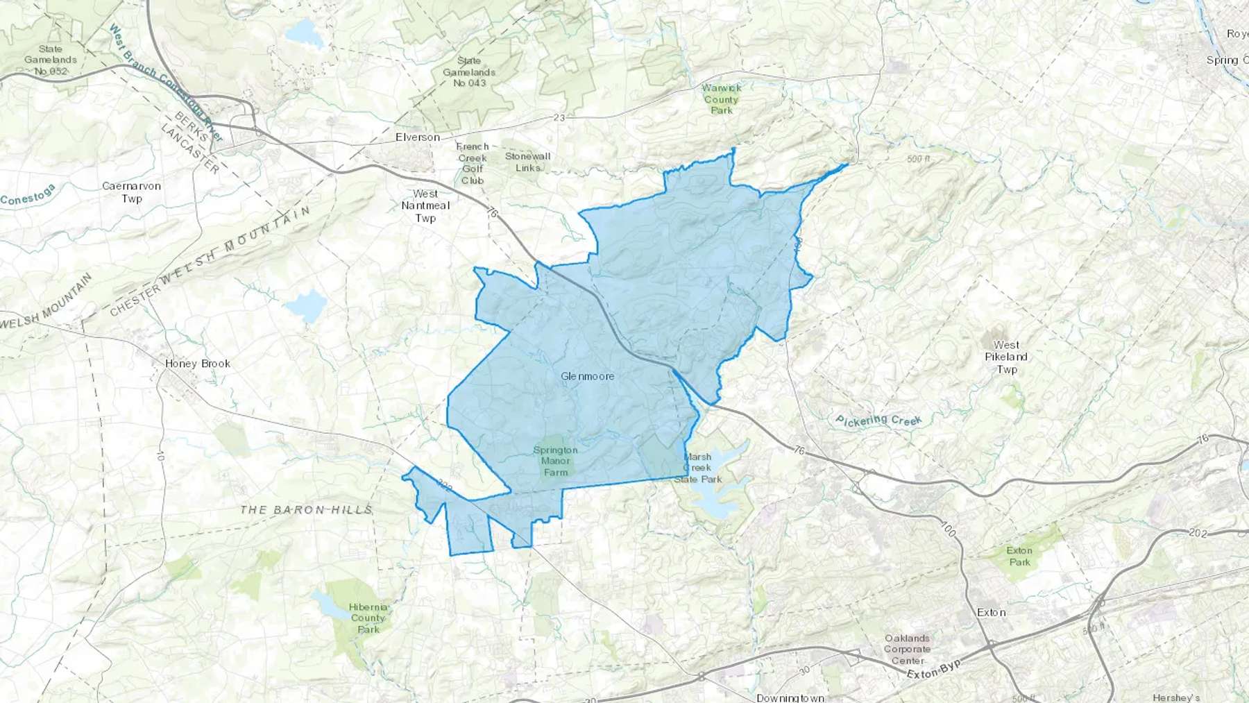 Glenmoore, PA Cash heating Oil delivery map Map of the COD Fuel Oil delivery service area for Glenmoore, PA