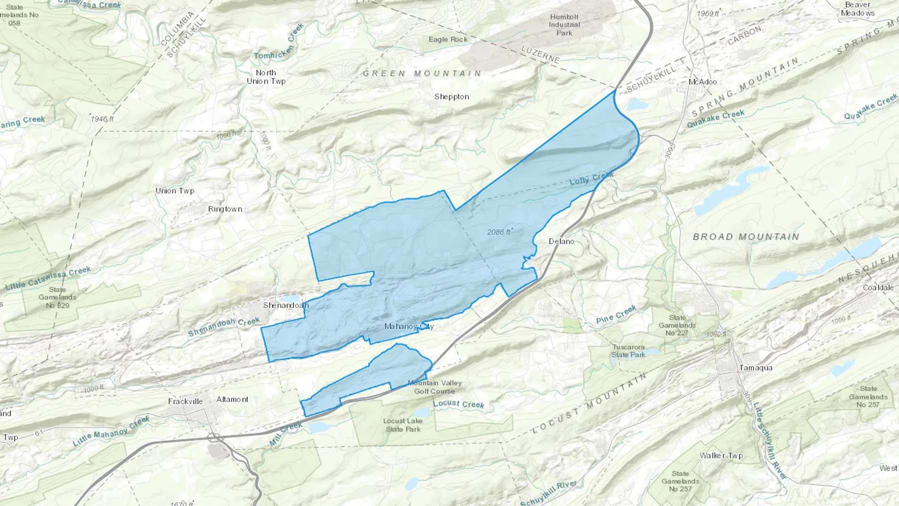 Mahanoy City, PA Cash heating Oil delivery map Map of the COD Fuel Oil delivery service area for Mahanoy City, PA