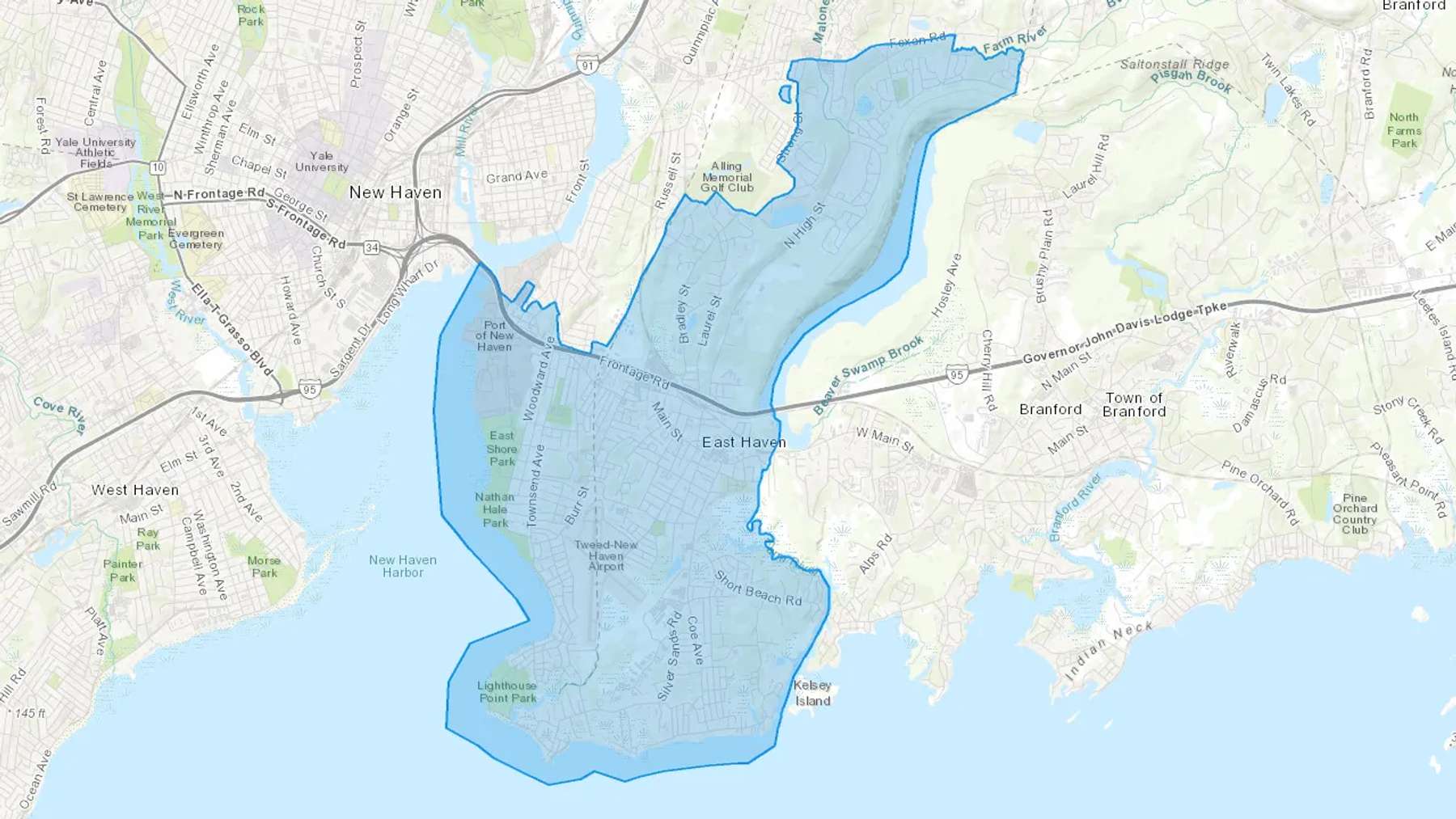 East Haven, CT Cash heating Oil delivery map Map of the COD Fuel Oil delivery service area for East Haven, CT