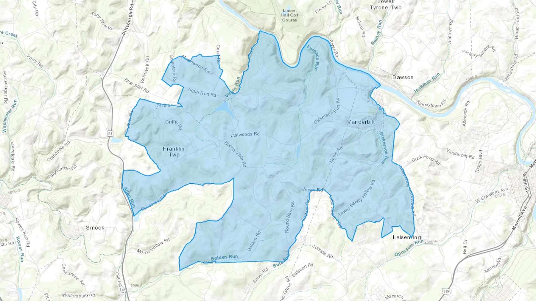 Vanderbilt, PA Cash heating Oil delivery map Map of the COD Fuel Oil delivery service area for Vanderbilt, PA